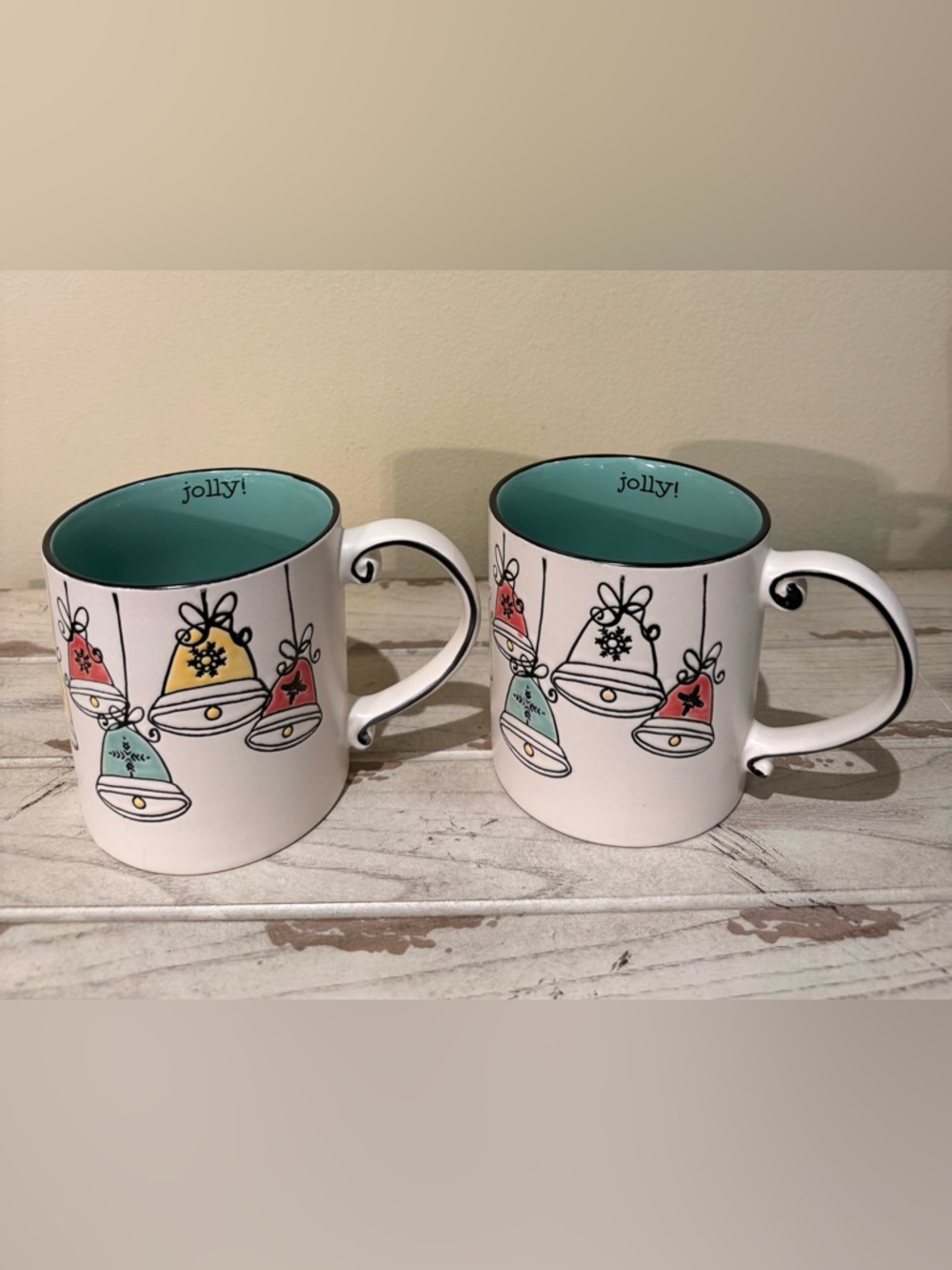 Spectrum Designz "Jolly!" Christmas Bell Mugs - Set of 2 Teal Interior